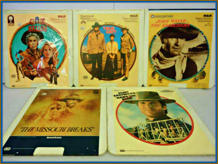 Five Great Western Classic Videos on RCA SelectaVision CED, The Searchers, Cat Ballou, True Grit, Hangemâ High, Missouri Breaks John Wayne, Clint Eastwood, Lee Marvin, Jane Fonda, Marlin Brando, Jack Nicholson
