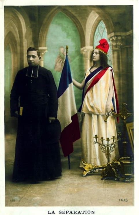 This is an allegorical painting of the separation of Church and State in France after the 1905 law on religion and education : it fits perfectly into the views of Enlightenment philosophers on the Church.