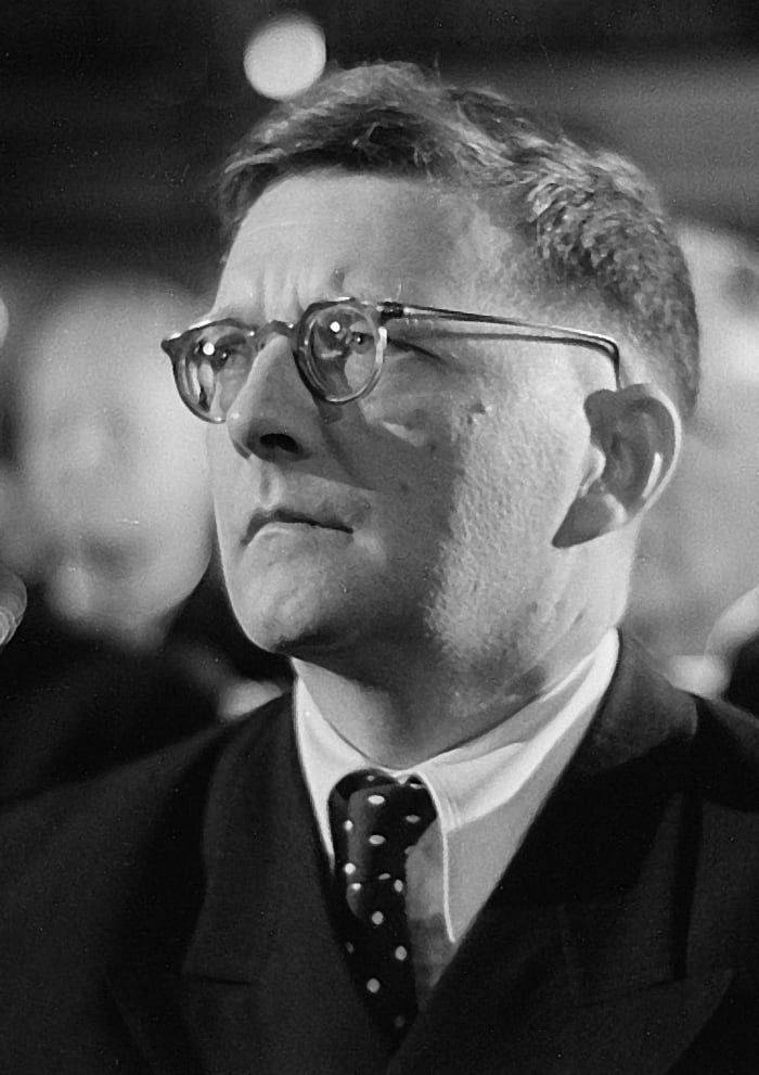 Photograph of Shostkovich at the 200th anniversary of J S Bach's death in 1950.