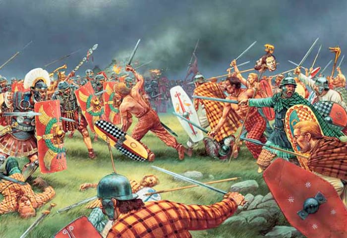 Pictish warriors take on the Romans - although the Romans were unwilling to admit to defeat, the Picts had become a real thorn in their side, so much so, it took them until AD 297 to record the presence of this 'painted warriors', the Picti