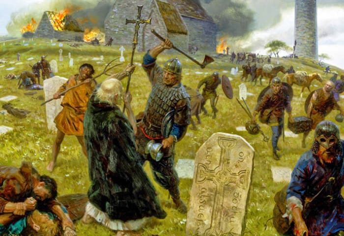 Norse attack on Iona - the monastery was abandoned when raids became too frequent for the monks to bear - to the Norsemen, anyone who refused to fight for the treasures in his care was weak and unfit to be seen as a man