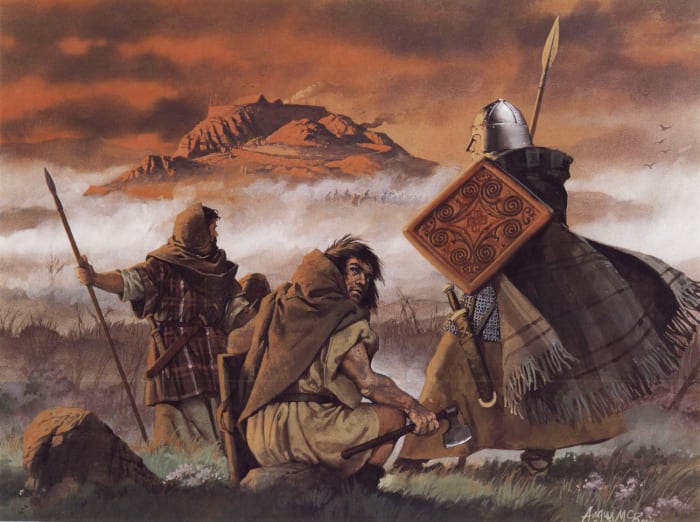 Angus McBride painting of the Picts observing the Scots ready for battle at Dunadd
