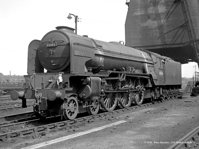 60146 'Peregrine' (one of several named after game birds) of York departs the coaling tower known effectionately as 'the Cenotaph' after its likeness to the Lutyens war memorial in Whitehall