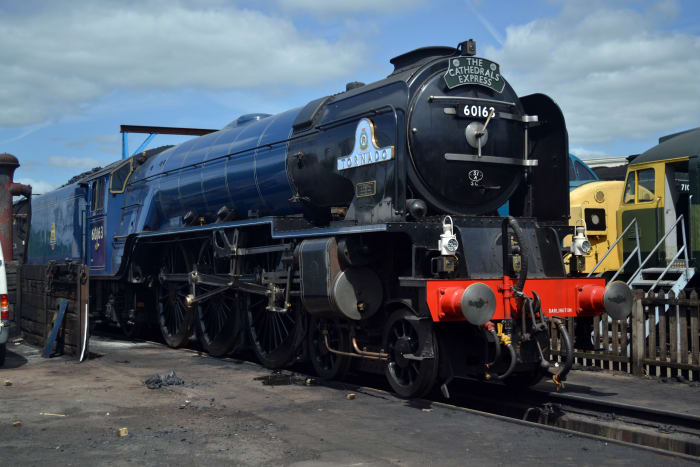 Resplendent in early British Railways' experimental blue livery, 60163 "Tornado" gleams in the sunlight