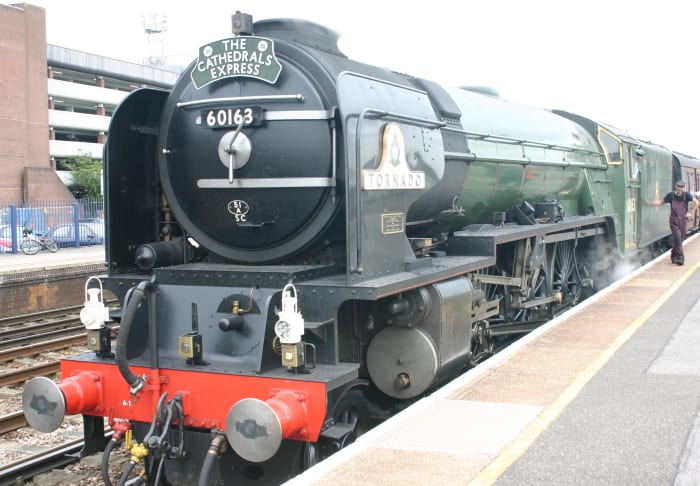 Build year 2008 and in BR Brunswick Green, looking for all the world as if she belonged to another era, 60163 'Tornado' stands at Eastleigh (Hampshire) with the 'Cathedrals Express"
