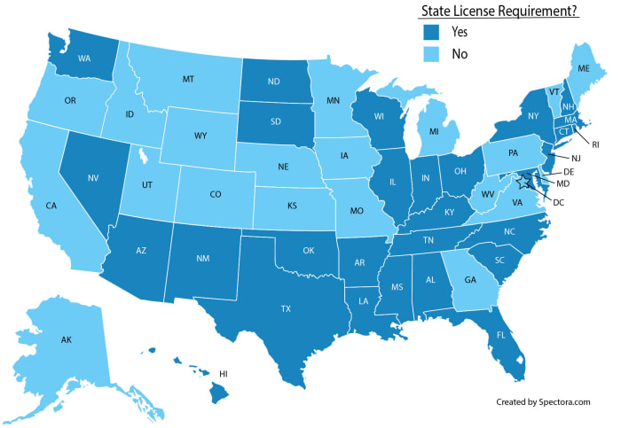 The United States is pretty evenly split between states which require licensing for home inspectors and those which don't.