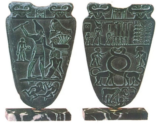 The Narmer Palette shown in its front and back part and King Narmer is shown bashing the heads of his victims, but at the same time, by him shown on the back part wearing the Crown of Upper Egypt(North) and his attendants line up with him; and the fr