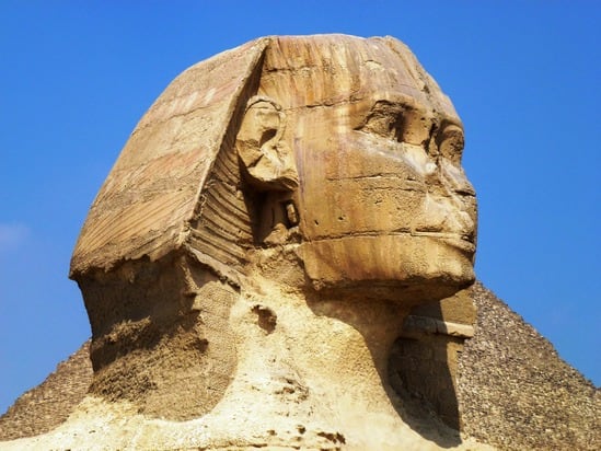 A much more close-up Face of the sphinx as seen and described by Count de Volney.. The Face of an African person... The Great Sphinx of Giza. His beard has fallen off and his nose was shot off during target practice by the French!