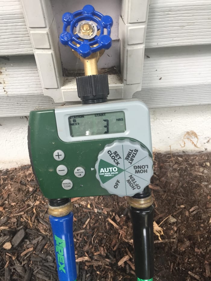 A programmable faucet timer like the one pictured above is a big time and hassle saver. It can be programmed to time for any duration, repeating anywhere from every six hours to once per week,