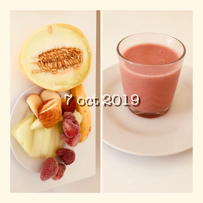 A quick blended juice using unpeeled apple, banana, piece of melon and some frozen strawberries. A delicious smooth and creamy drink.