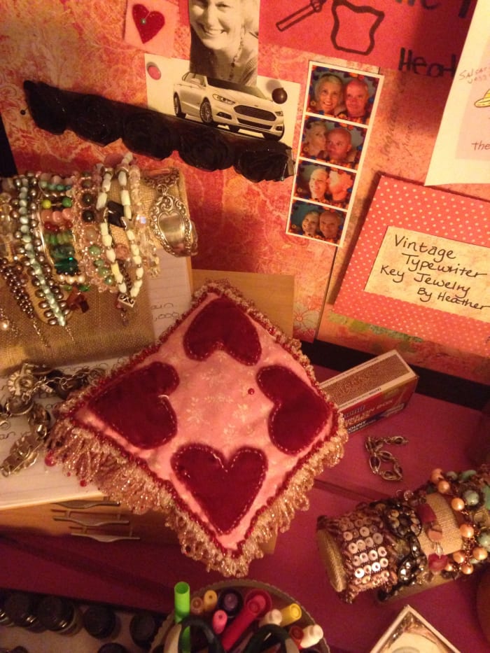 A great way to display your jewelry and keep it organized, is to use simple bracelet displays. These are from Hobby Lobby.