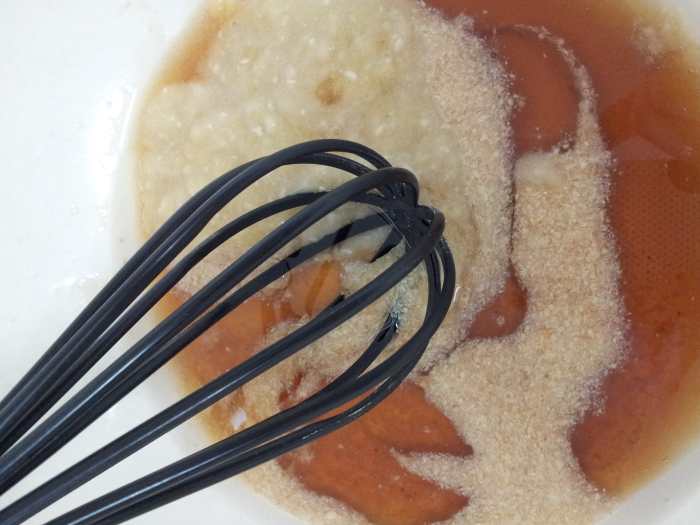Whisk the Mashed 1/2 Banana, Maple Syrup, and Liquid Coconut Oil into the Flax Egg. This 1/4 C. of Oil is all that is in this recipe!