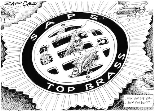 SAPS going down the drain - Now you see them now you don't - People in the cartoon are Richand Mdluli / Jackie Selebi / Bheki Cele - Zapiro cartoon on top brass of South African Police Services (SAPS). Jackie Selebi in jail, Bheki Cele fired and Rich