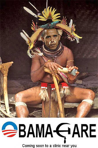 The racist depiction of Obama as a feathered medicine of tribesman with horns sticking out of his nose and father and all over him with primitive tools to top it off