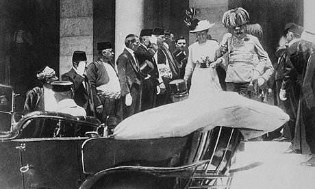 Archduke Ferdinand and his wife, Sophie, minutes before their assassination, June 28, 1914. The event would trigger World War 1. Image courtesy Wikimedia Commons.