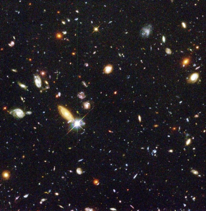 The Deep Field Image taken by the Hubble Space Telescope. Because light from these galaxies takes so long to reach us, we are looking back in time to the very beginnings of the Universe. But space is not as crowded as this image makes it appear...