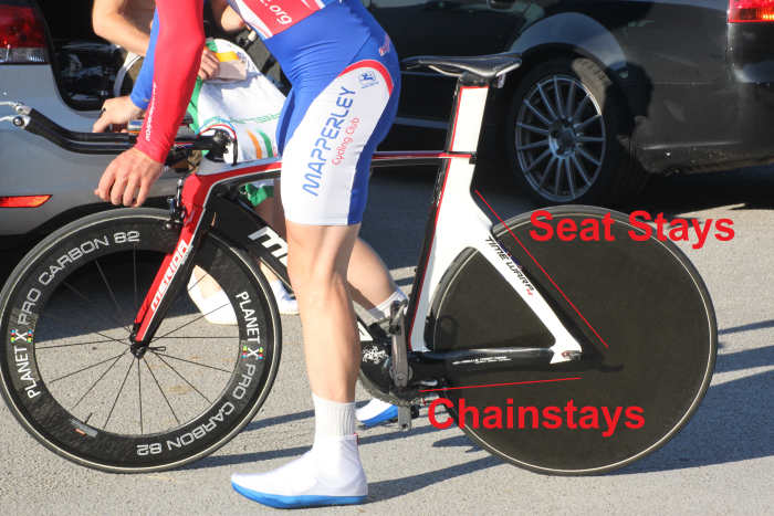 The seat stays and chainstays of a bike as pictured on a Merida Time Warp Time Trial frame.