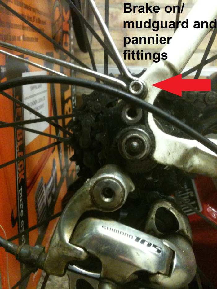 Braze on's and drilled sections of a bicycle frame allow the fitting of mudguards or panniers. Pictured frame is a Kinesis Racelight T
