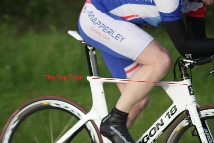 The top tube of a bicycle frame- connects the seat tube to the head tube. Bicycle featured is an Argon 18 E-118 Time Trial Frame with Mavic Cosmic Carbone Wheelset