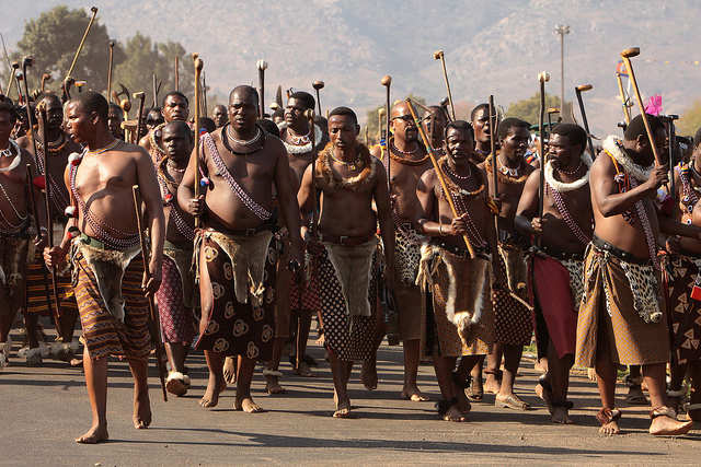 Adorning their cultural gdb and marching in the reed carrying their traditional sticks, The elderly men march on in the Reeds Festivities, bare-footed