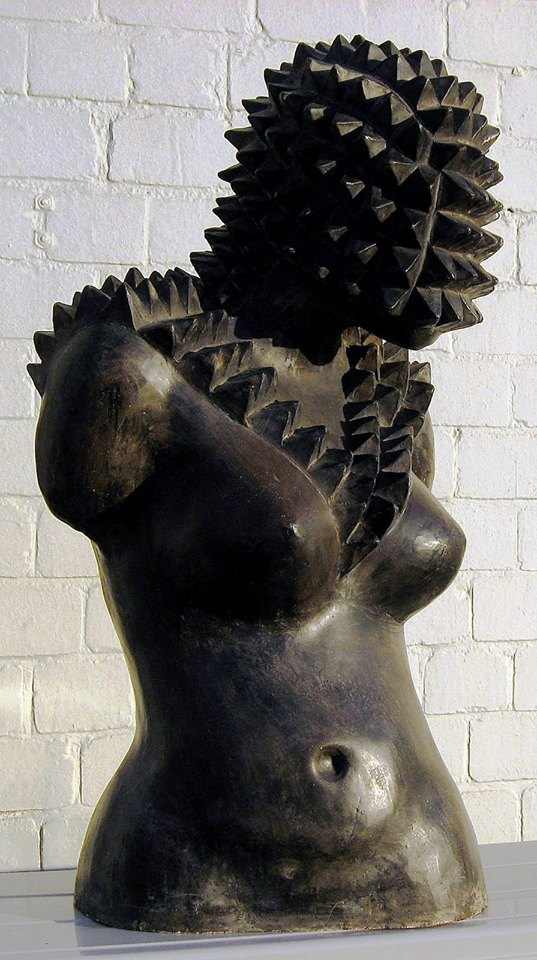 Nkosinathi Khanyile’s “African Queen 1”, which combines the aesthetics of classical Greek sculpture with that of the ‘amasumpa’, the raised relief patterns used traditionally on Zulu pots and woodcarvings that carry social significance. "African Quee