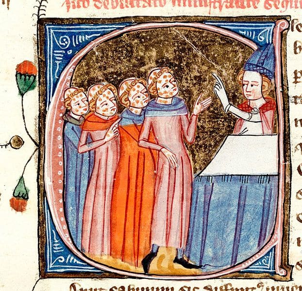 Monks, disfigured by the Black Death, being blessed by a priest. Source: a late 14th-century manuscript Omne Bonum by James le Palmer. Current location: British Library.