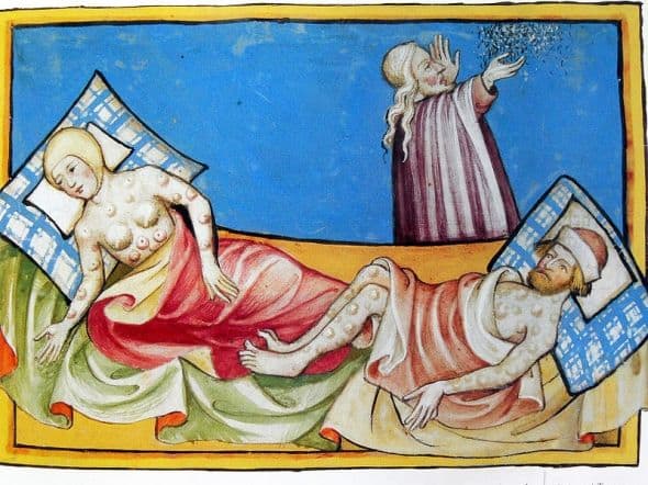 An image from the Toggenburg Bible, (Switzerland, 1411) is widely believed to show the symtoms of the Black Death. Since plague blisters normally appeared only in the groin or armpits; so this image could, however, be of smallpox.