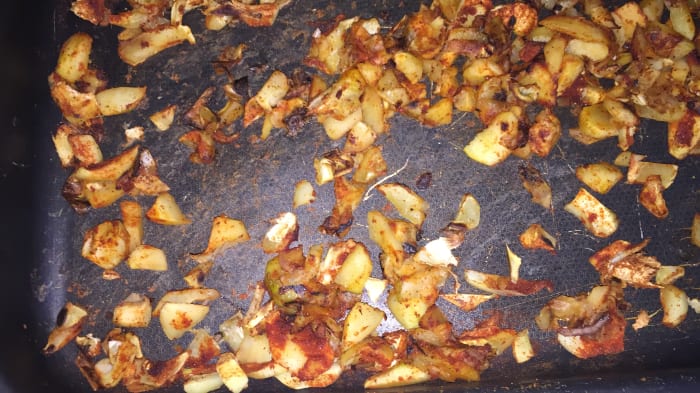 The finished product after baking- prior to adding the sugar. Now, please note I haven't specified how much red chilli powder or sugar to add to this because it really does need to be to your very own taste.