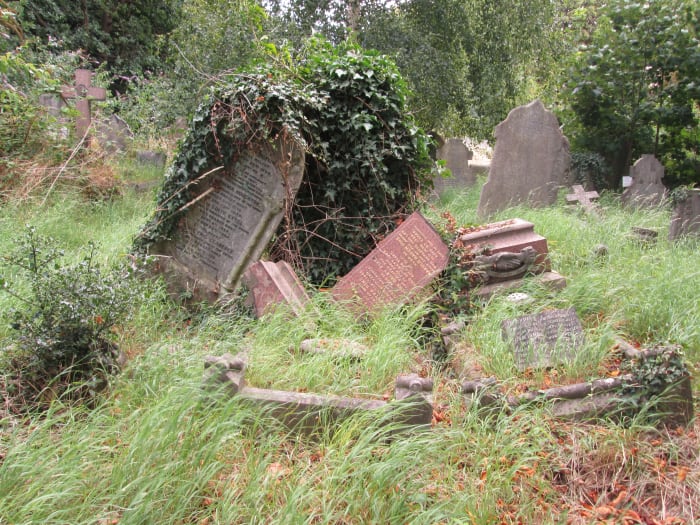 The chaos of sunken earth, stones lain askew and weeds, growing around and from beneath stonework, some almost hiding the monumental masonry