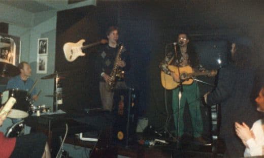 Woody Woodmansey on drums backing me at a Celebrity Centre London party at the Marquee Cafe.