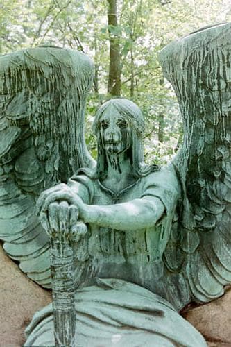 The sculpture is named "Angel of Death Victorious". He sits at the grave with an overturned Torch....Wings spread....Guardian of the Dead
