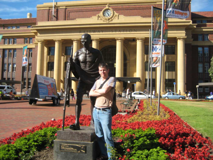 The Gandhi statue is in front of the Wellington Railway Station, Wellington, New Zealand