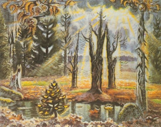 Watercolor, gouache, chalk, and charcoal on joined papers, mounted on cardboard. 45 5/8 x 57 3/4 inches.