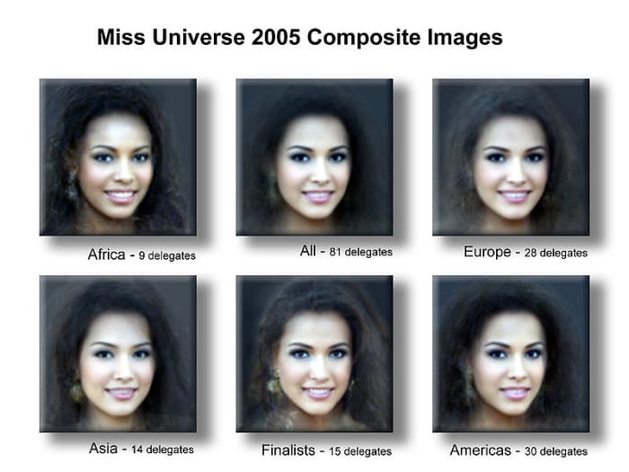 This image shows superimposed images of all the delegates from Miss Universe, creating a "universal" look where all the features are combined.