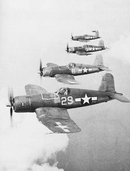 This is a photo of four F4U-1As. In the Solomons of WWII, the Black Sheep had no assigned planes. Boyington was photographed with F4U-1A Corsair 18086 for the news.