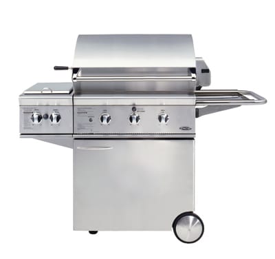 The DCS 30 models were always a little different from the rest of the DCS models. Here a DCS 30" gas bbq grill on a portable cart is shown with a double side burner that replaced one side shelf.