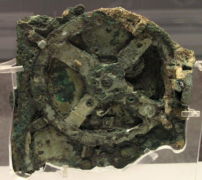 Antikythera mechanism fragment. The mechanism consists of a complex system of 32 wheels and plates with inscriptions relating to the signs of the zodiac and the months. It is thought that this was a kind of astrolabe used for marine navigation.