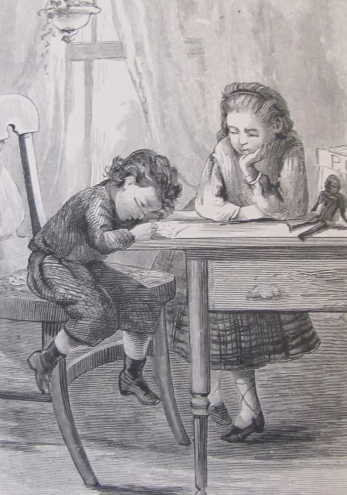 Illustration from a vintage book showing children in clothing from the mid-1800s. Perhaps they are writing a letter to their papa who is far away serving in the military.