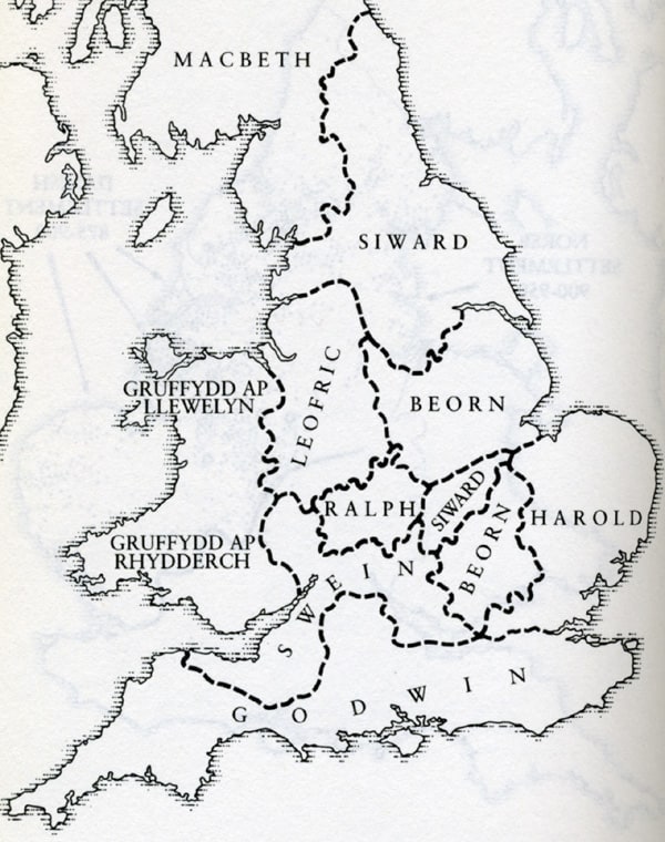 English earldoms AD 1045. Feeling Godwin was getting above himself, earls Leofric of Mercia and Siward of Northumbria sided with Eadward against him. There was also the old rivalry between Mercia and Wessex that dated back to Penda's time (7th Cent)