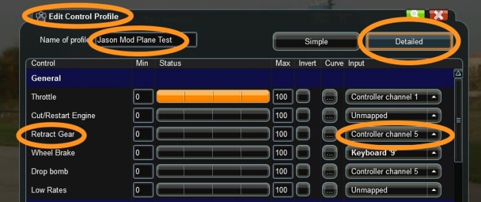 While editing your controls, look for the option "Retracts" and make sure it is set to Channel 5. Channel 5 is the Gear/F Mode lever on the left hand side of the DX6i controller.