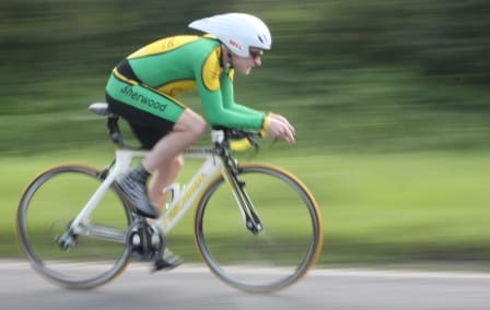 The key muscles for cycling in time trial action. This cyclist is using his hip flexors to bring the pedal to the top position prior to initiating the downward phase with the buttocks.
