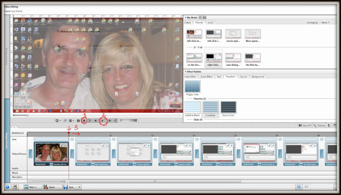 Left click the video preview 'stop' icon (highlighted in red and numbered 1). This action will then position the 'timeline' indicator (highlighted in red and numbered 3) to it's home location which by default is at the beginning of the first frame in