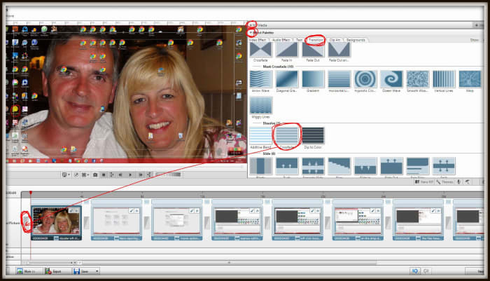 Close 'My Media' (it is highlighted in red at the top middle of this screenshot) by clicking on the small triangle at the end of it's dialogue box. By similar means open up the 'effects palette' and click the 'transition' icon, scroll down and drag a