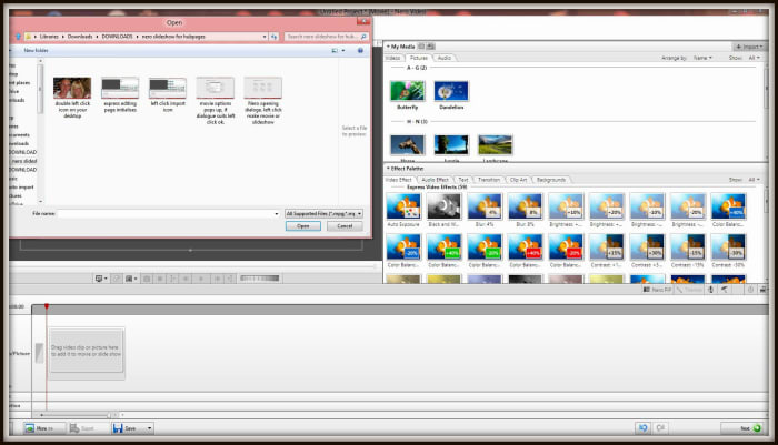 Choose from your folders which files to add, Nero recognises most image and sound file types. Either left click and hold then drag to highlight many files or a single click to highlight one file. The click 'Open' to import to Nero.