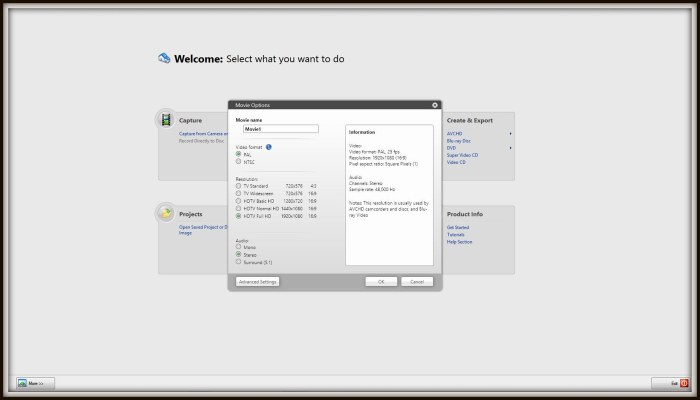 A square 'Movie Options' dialogue box will pop up giving a range of video output options. The default settings as in this case are usually the most appropriate for a simple slideshow or video.