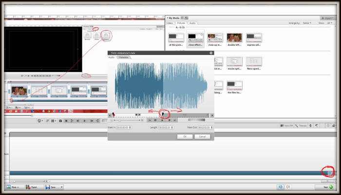The time is is displayed as 00.(hours)02.(minutes)02.(seconds)20(tenths of seconds). The mark out pointer has been dragged towards the centre (to the left) to shorten the soundtrack. The length of the sound track is displayed in the 'mark out' dialog