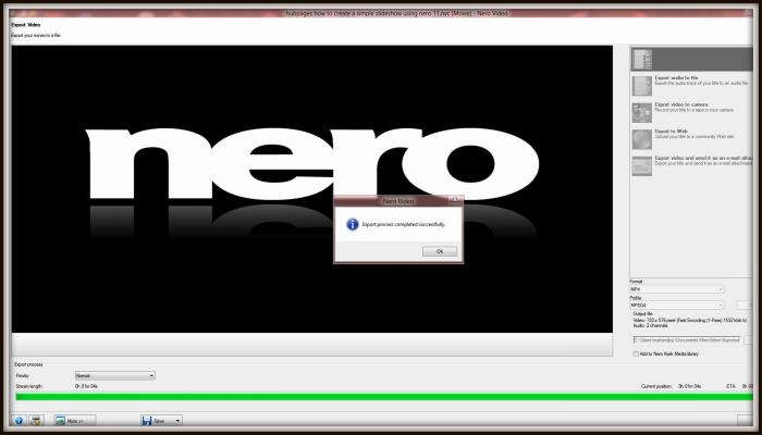 Once the rendering has completed a dialogue box will pop up and inform you the video has successfully been exported. Left click the 'OK' icon on the pop up box.