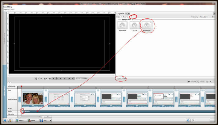 Close the effects pallet in the manner described in section 11 then click the 'Audio' icon and in a similar manner to when positioning images drag and drop the sound file to the beginning of the 'Music timeline'. The sound file cannot be positioned i