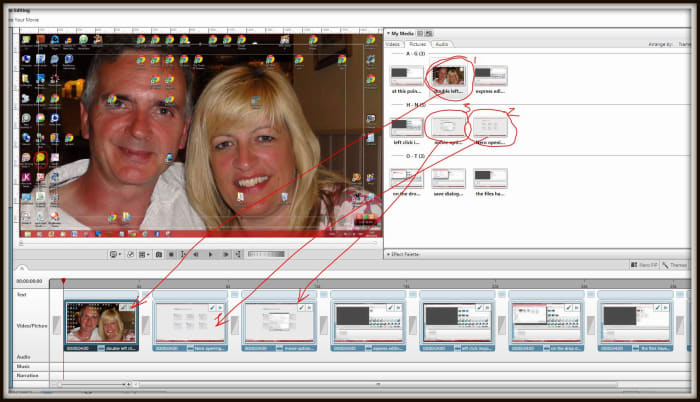 Left click and hold then drag the chosen image or images in the desired order to the timeline viewer. Once the images are in place they can be re-arranged as desired using left click hold and drag to new position.