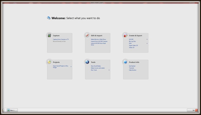 Opening dialogue. Once clicked and the program is running this list of options will be displayed. Looking to the Edit & Import section in the middle top of the picture we need to hover over and Left click 'Make Movie or Slideshow'